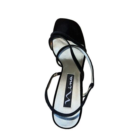 Nina Womens 10 Gwenda-CV-Black Velvet Block Heels Leather Slingback Square Toe - Picture 3 of 8